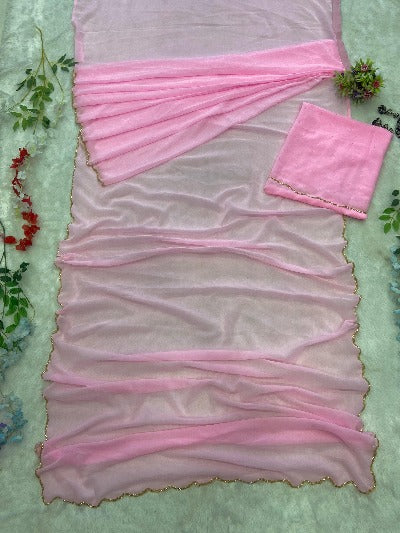 1 Min Pink Georgette Embellished  Handwork Stitched Readymade Saree