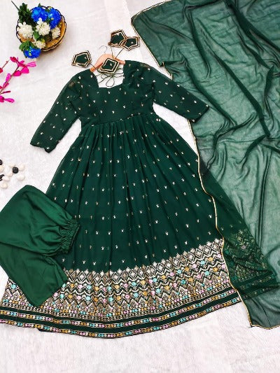 Green Georgette Embroidered Anarkali Gown With Dupatta Set Of 2