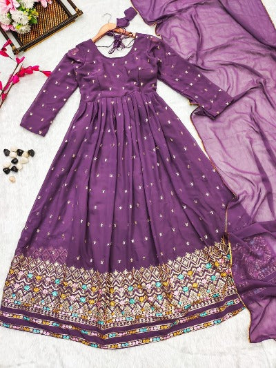 Purple Georgette Embroidered Anarkali Gown With Dupatta Set Of 2