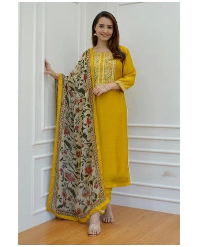 Yellow Embroidered Addha  Work Salwar Suit Set