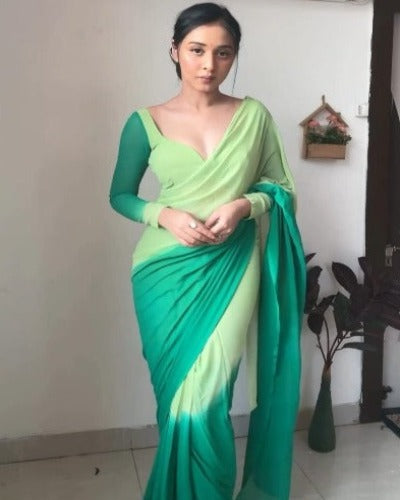 1 Min Pista Green Double Shaded Georgette Stitched Readymade Saree