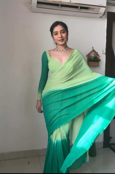 1 Min Pista Green Double Shaded Georgette Stitched Readymade Saree