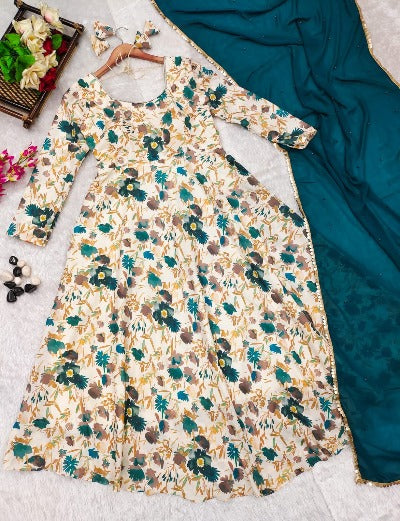 Teal Green Muslin Floral Printed Anarkali Gown With Dupatta Set Of 2