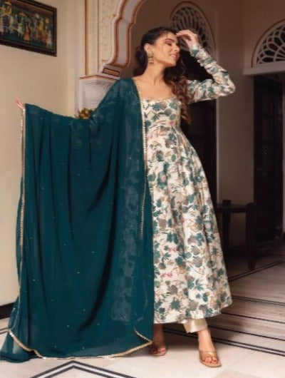 Teal Green Muslin Floral Printed Anarkali Gown With Dupatta Set Of 2