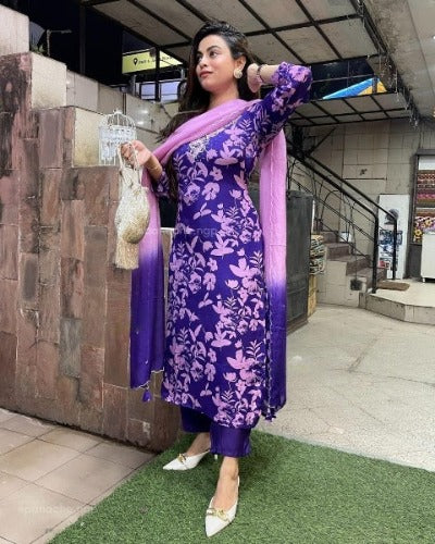 Blue & Pink Silk Cotton Handwork Salwar Suit Set
