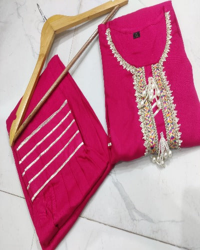 Pink Rayon Afghani Pattern Kurti Pant Set Of 2