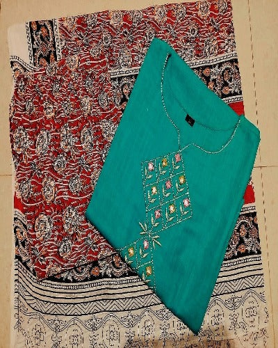 Green & Marron Pure Handloom South Cotton Kalamkari Print Suit Set