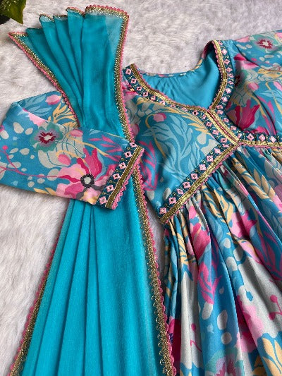 Blue Muslin Cotton Lily Print Alia Cut Afghani Suit Set