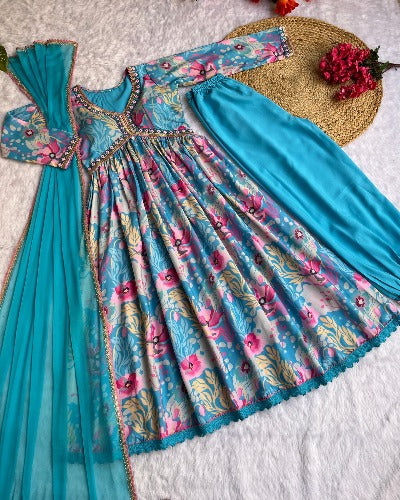 Blue Muslin Cotton Lily Print Alia Cut Afghani Suit Set