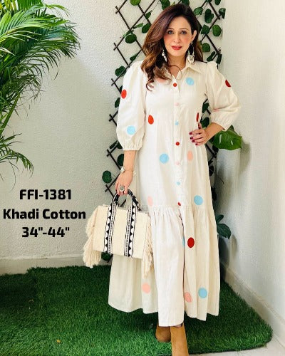 Off White Khadi Cotton Handblock Print 1pc Dress