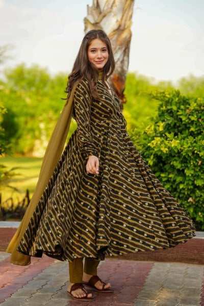 Copper Yellow Cotton Angharakha Style Anarkali Suit Set