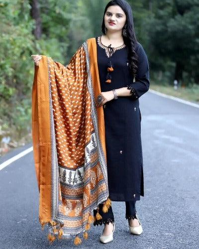 Black Khadi Cotton Hand Embroidered Salwar Suit Set