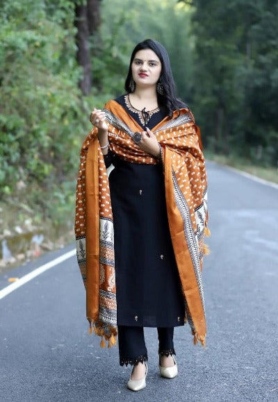 Black Khadi Cotton Hand Embroidered Salwar Suit Set