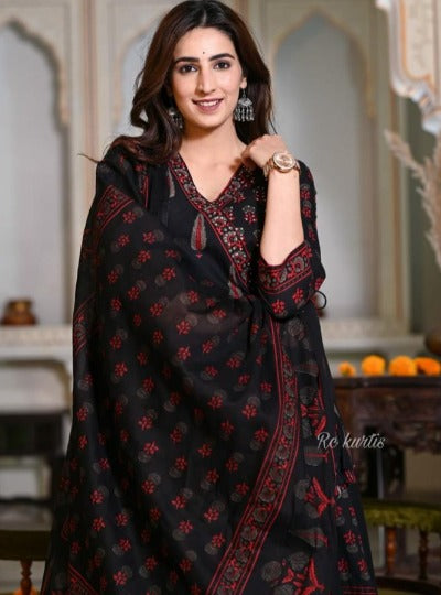 Black Cotton Angharakha Style Anarkali Suit Set
