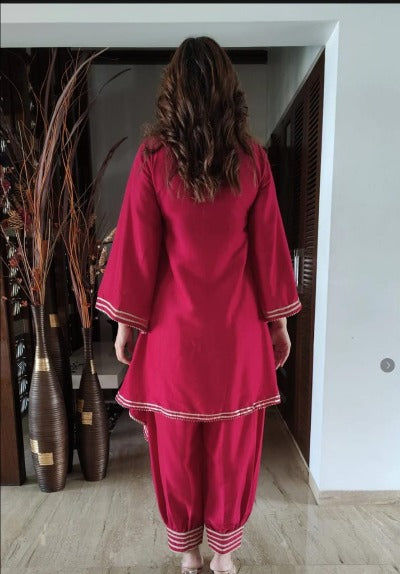 Pink Rayon Afghani Pattern Kurti Pant Set Of 2