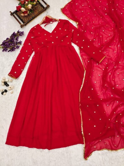 Red Blooming Georgette Anarkali Gown With Dupatta Set 0f 2