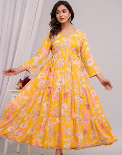 Beautiful Printed Bohemian Middi Rayon Dress 1Pc