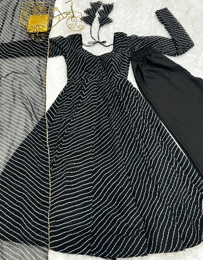 Black Georgette Leheriya Print Flair Anarkali Suit Set