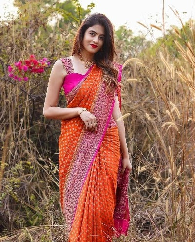 Orange & Pink Soft Litchi Silk Exclusive Saree