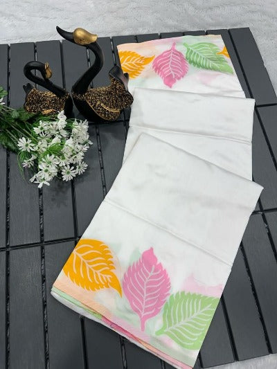 White Leaf Print Soft Litchi Silk Exclusive Saree