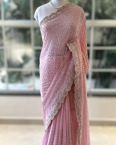 Light Pink Pure Faux Georgette Sequence Work Saree