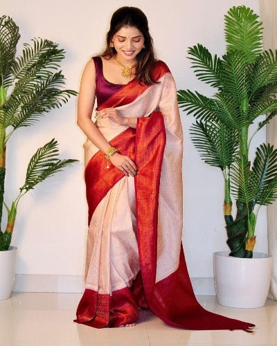 Cream & Maroon Soft Silk With Jacquard Work Saree