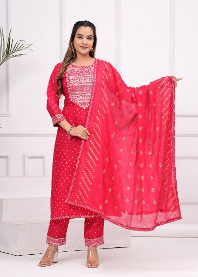 Red Cotton Dobi Foil Print Salwar Suit Set