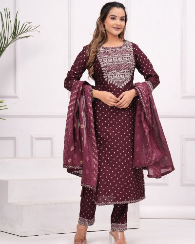 Wine Cotton Dobi Foil Print Salwar Suit Set