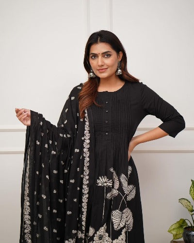 Black Cotton Self Print Salwar Suit Set