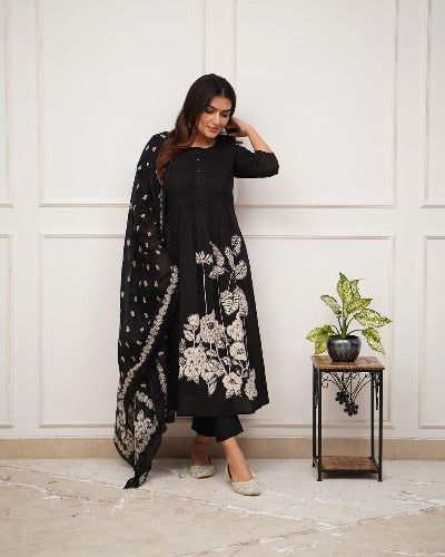 Black Cotton Self Print Salwar Suit Set
