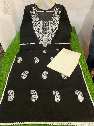 Black Cotton Thread Embroidered Kurti Pant Set Of 2
