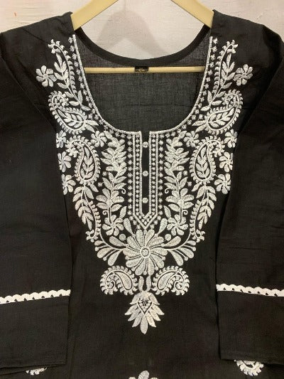 Black Cotton Thread Embroidered Kurti Pant Set Of 2