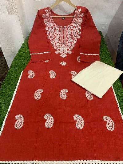 Red Cotton Thread Embroidered Kurti Pant Set Of 2