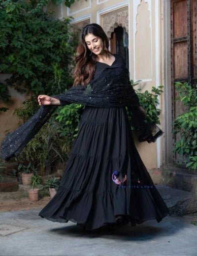 Black Georgette Anarkali Gown With Organza Dupatta Set 0f 2