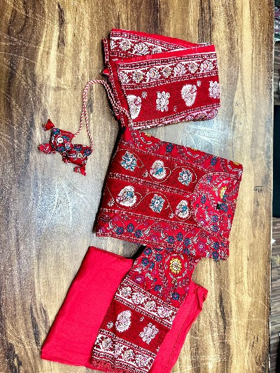 Red Cotton Saganeri Print Adda Work Anarkali Suit Set