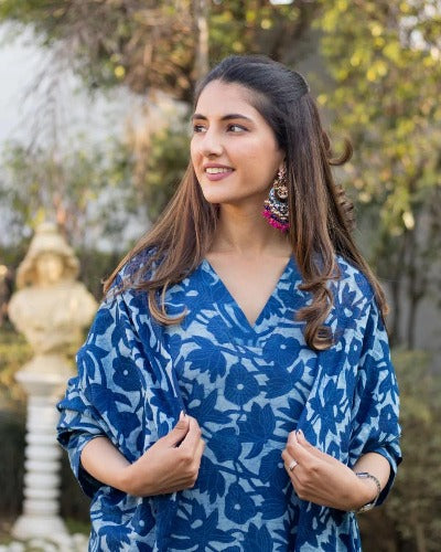 Blue Cotton Printed Afghani Style Salwar Suit Set