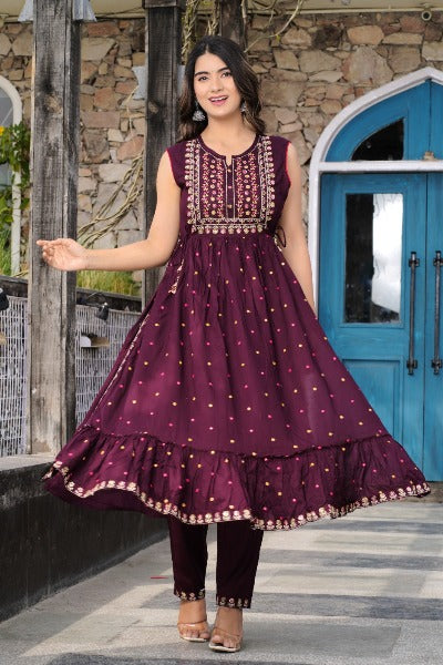 Wine Nyra Style Rayon Embroidered Anarkali Suit Set