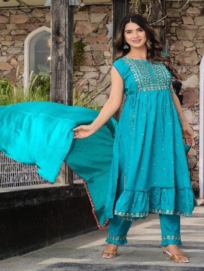 Blue Nyra Style Rayon Embroidered Anarkali Suit Set