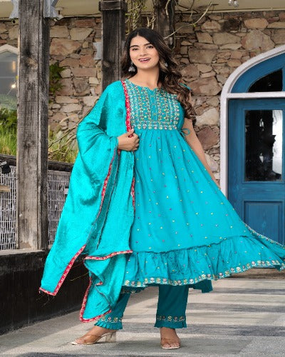 Blue Nyra Style Rayon Embroidered Anarkali Suit Set