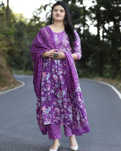 Purple Cotton Hand Block Print Salwar Suit Set