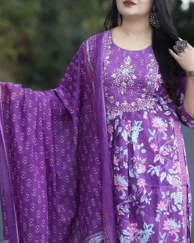 Purple Cotton Hand Block Print Salwar Suit Set