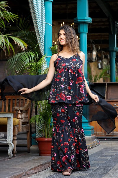 Black Crepe Floral Digital Print Sharara Suit Set