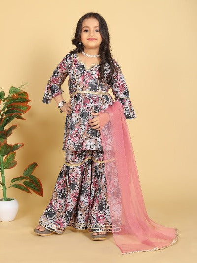 Kids Maslin Printed Designer Sharara Suit Set