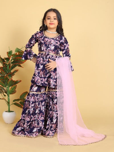 Kids Maslin Printed Designer Sharara Suit Set