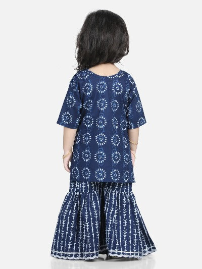 Navy Blue Cotton Printed Kids Sharara Suit Set