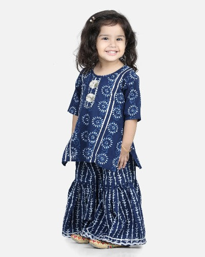 Navy Blue Cotton Printed Kids Sharara Suit Set