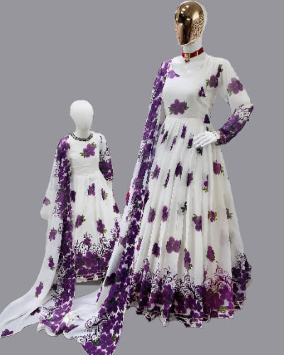 White & Purple Georgette Mother Daughter Combo Gown & Dupatta Set