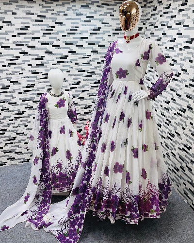 White & Purple Georgette Mother Daughter Combo Gown & Dupatta Set
