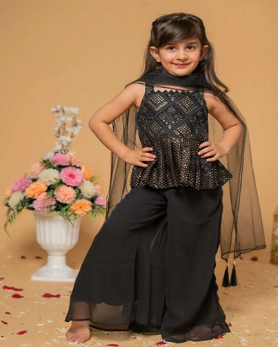 Black Georgette Sequins Work Kids Sharara Suit Set