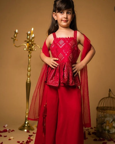 Red Georgette Sequins Work Kids Sharara Suit Set
